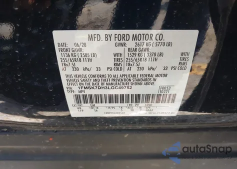 2020 Ford Explorer Xlt from USA, damaged, VIN 1FMSK7DH3LGC49752